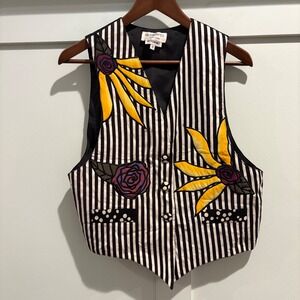 Silkscapes Silk Art Vest Women's M Black White Stripe Floral Appliqué